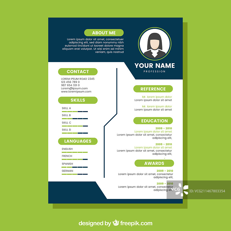 深蓝色和绿色简历模板图片素材