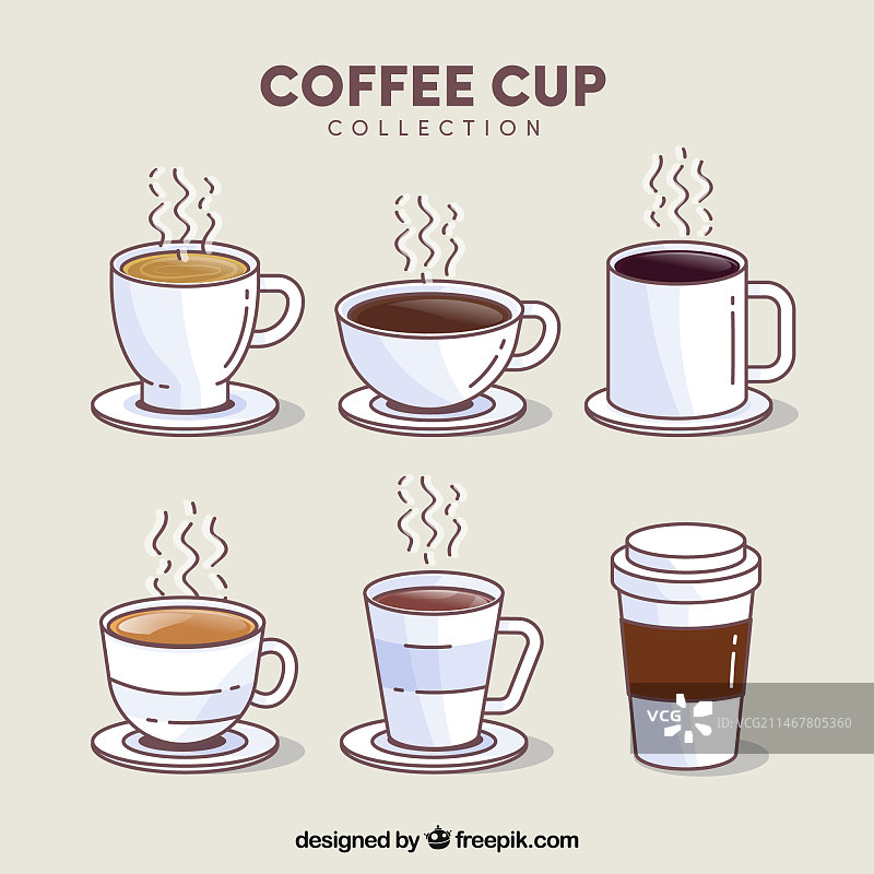 一套六个带蒸汽的咖啡杯图片素材