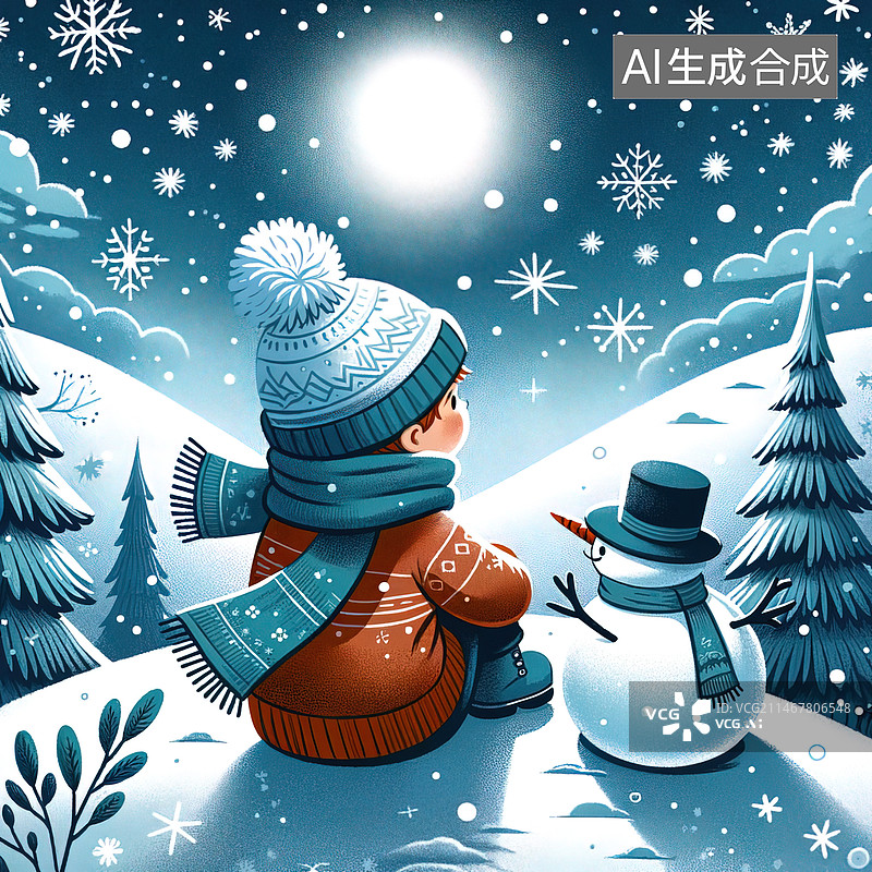 【AI数字艺术】插画，插图，海报，元素，模板，人物，风景，冬季，孩子，坐在山坡上，眺望，雪花，雪人，陪伴，治愈，温馨图片素材