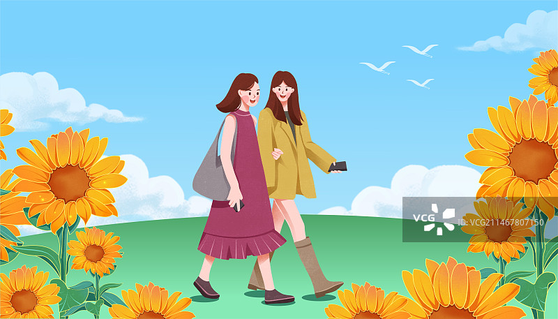 朋友闺蜜女生户外散步踏青向日葵清新文艺插画图片素材