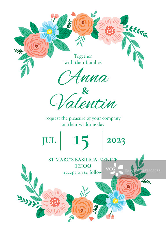 手绘花卉婚礼邀请函模板图片素材