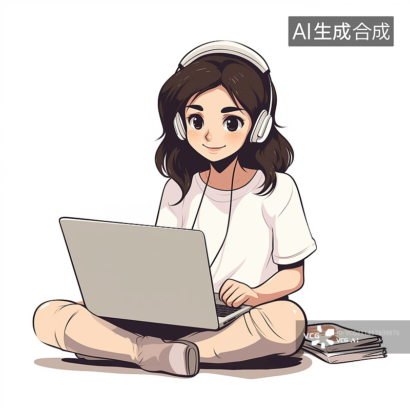 【AI数字艺术】插图，插画，模板，元素，海报，人物，女人，女孩，电脑，坐在地上，工作，时尚，抽象，扁平风，简洁，平面图片素材