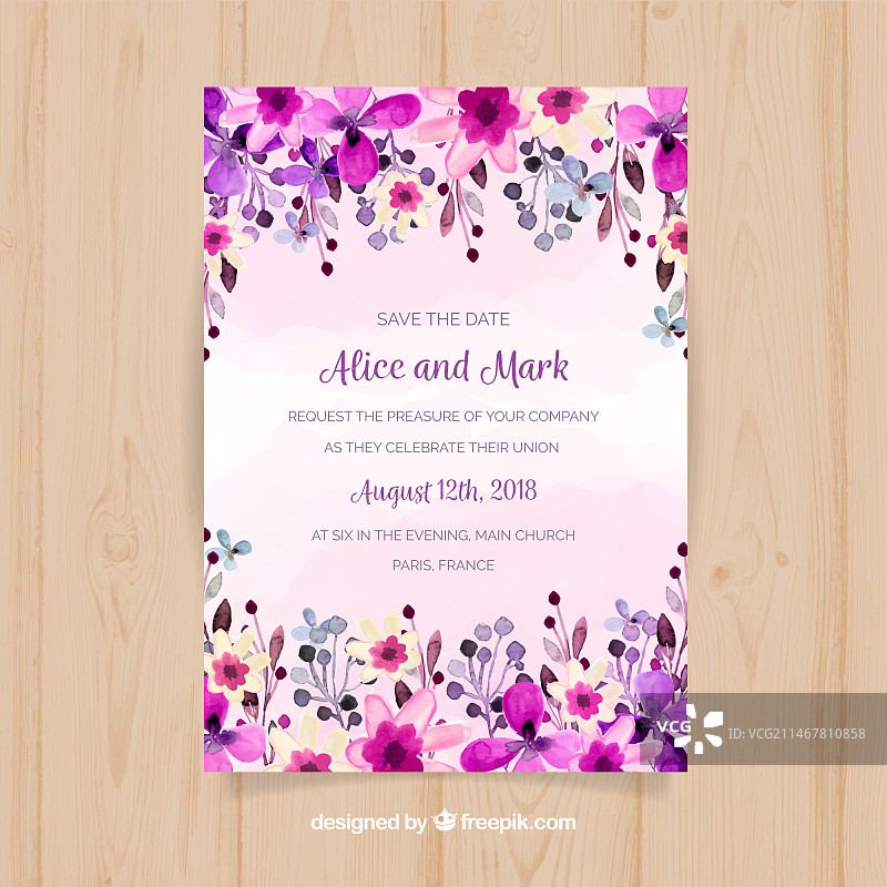 紫色水彩花卉婚礼邀请函图片素材