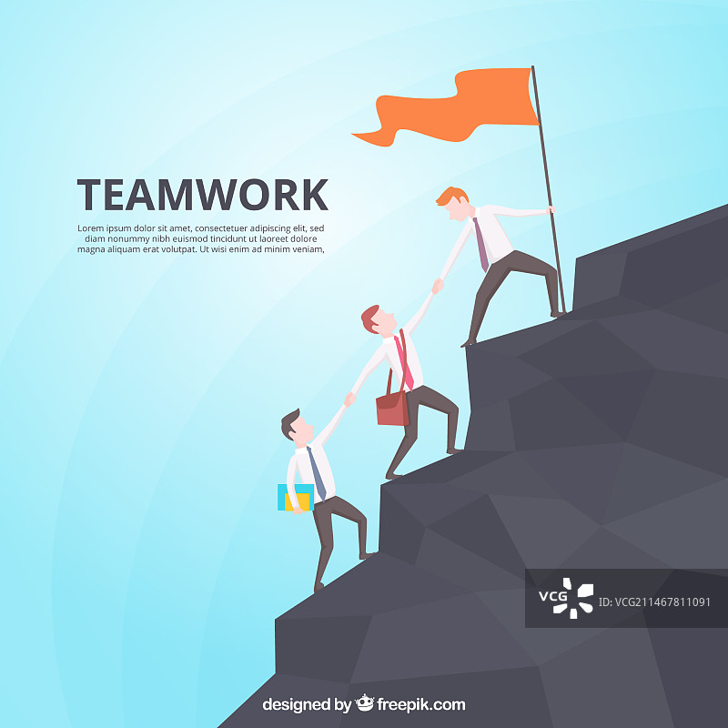 团队合作概念：男人们在爬山图片素材
