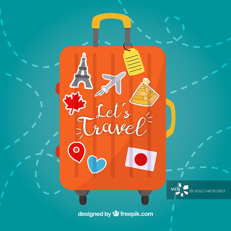 具有扁平风格地标的行李箱图片素材