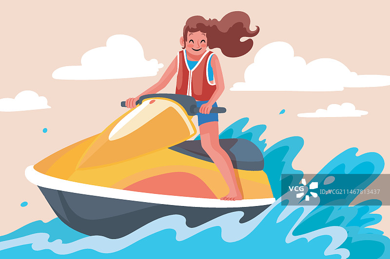 手绘水上摩托艇插画图片素材