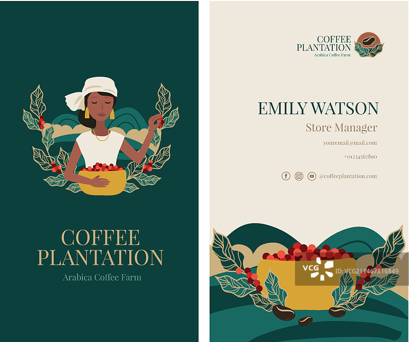 手绘咖啡种植园竖版名片图片素材