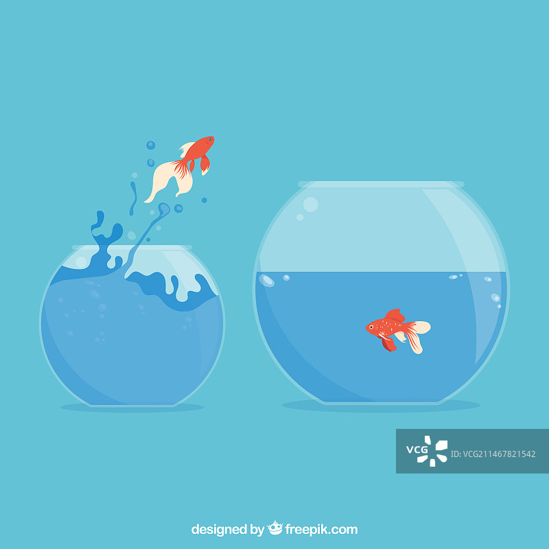扁平风格：跳出鱼缸的金鱼图片素材