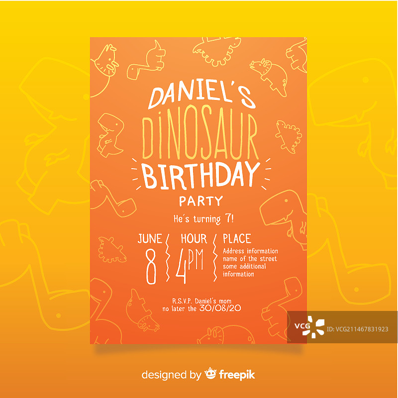 涂鸦背景恐龙生日邀请函模板图片素材