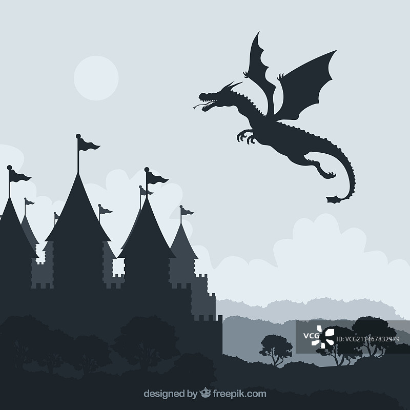 城堡与飞龙剪影图片素材
