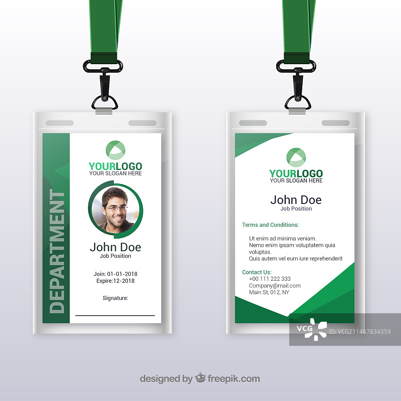 带扣环和挂绳的扁平风格ID卡模板图片素材