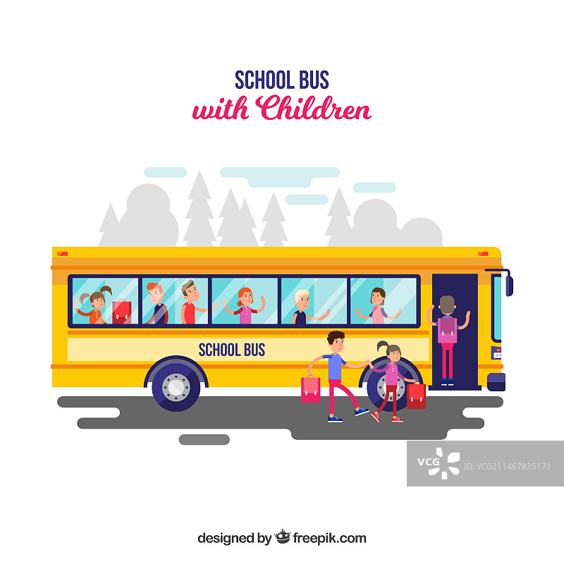 带有扁平设计的校车和儿童图片素材