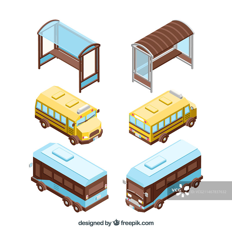 公交车和公交车站2.5D彩色合集图片素材