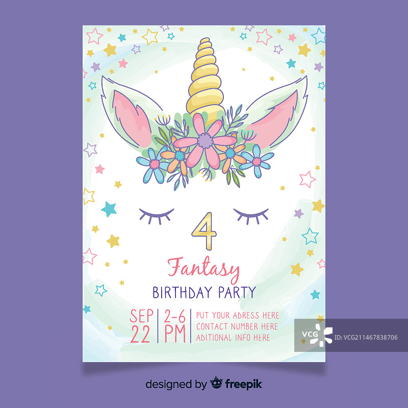 带有独角兽的少女生日邀请函图片素材