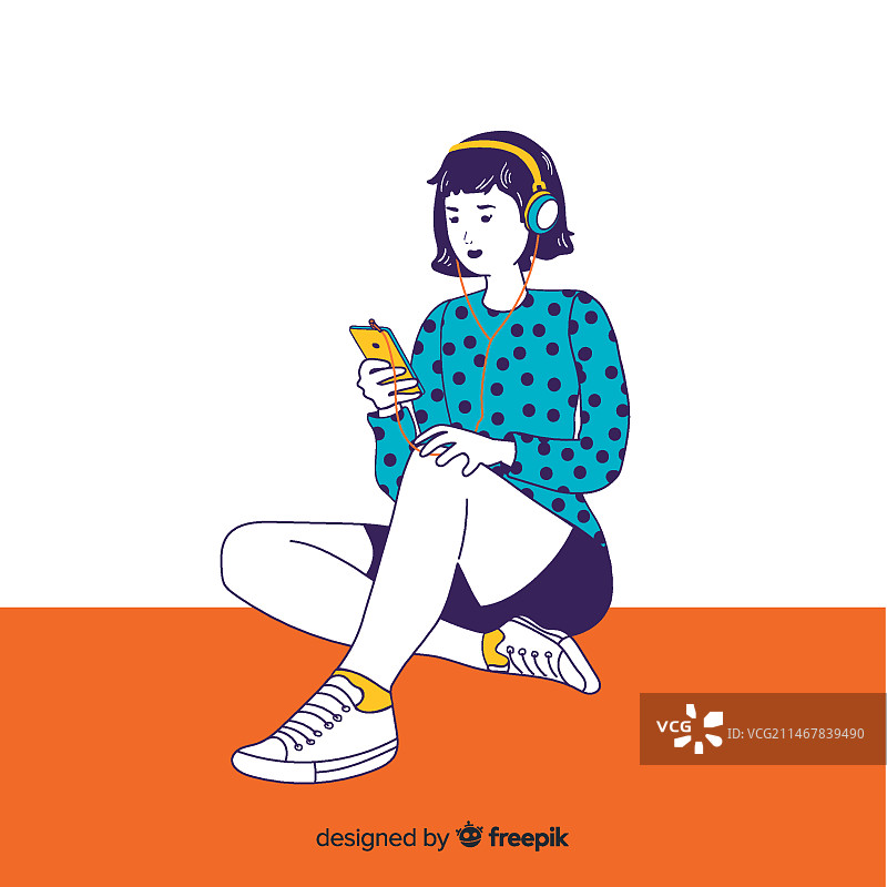 年轻女子在听绘画风格的音乐图片素材