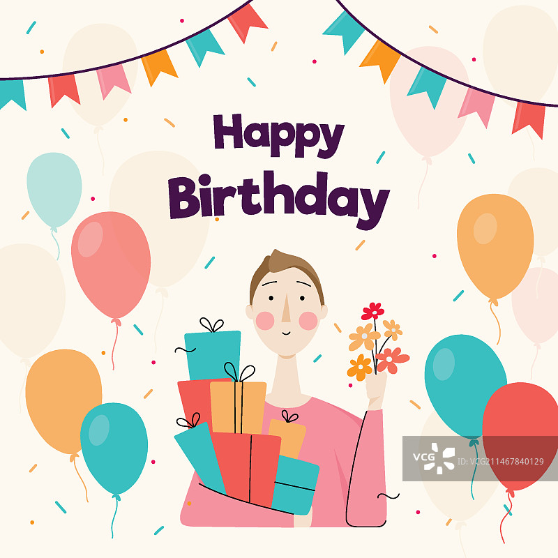 有女性插画的生日快乐贺卡图片素材