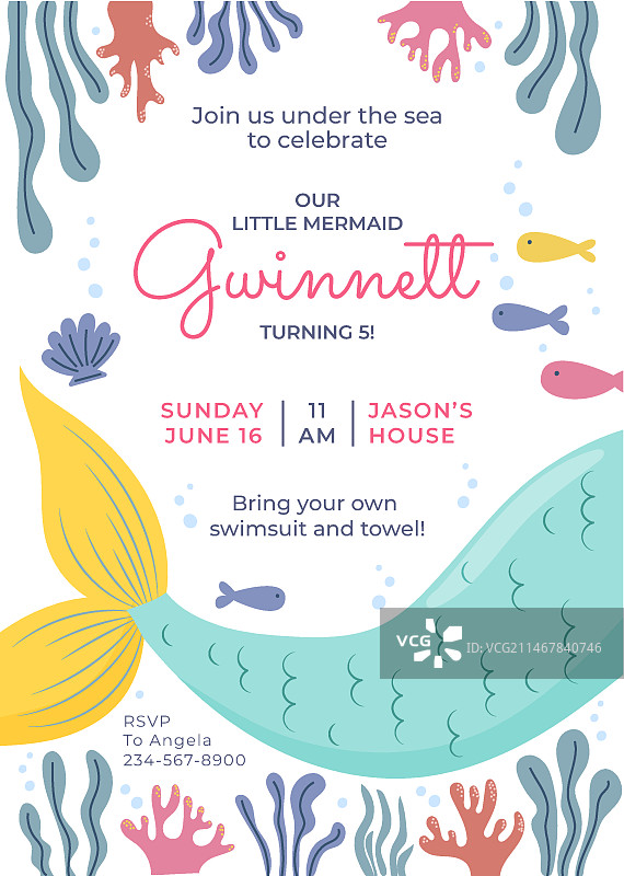 有机扁平风格美人鱼生日邀请函模板图片素材