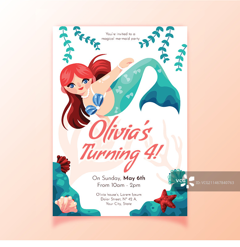 有机扁平风格美人鱼生日邀请函模板图片素材