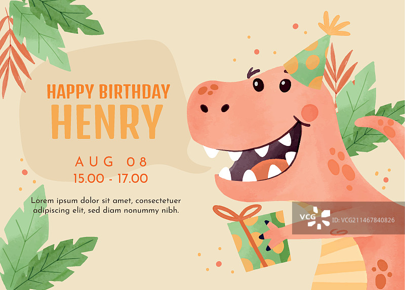 手绘水彩恐龙生日邀请函模板图片素材