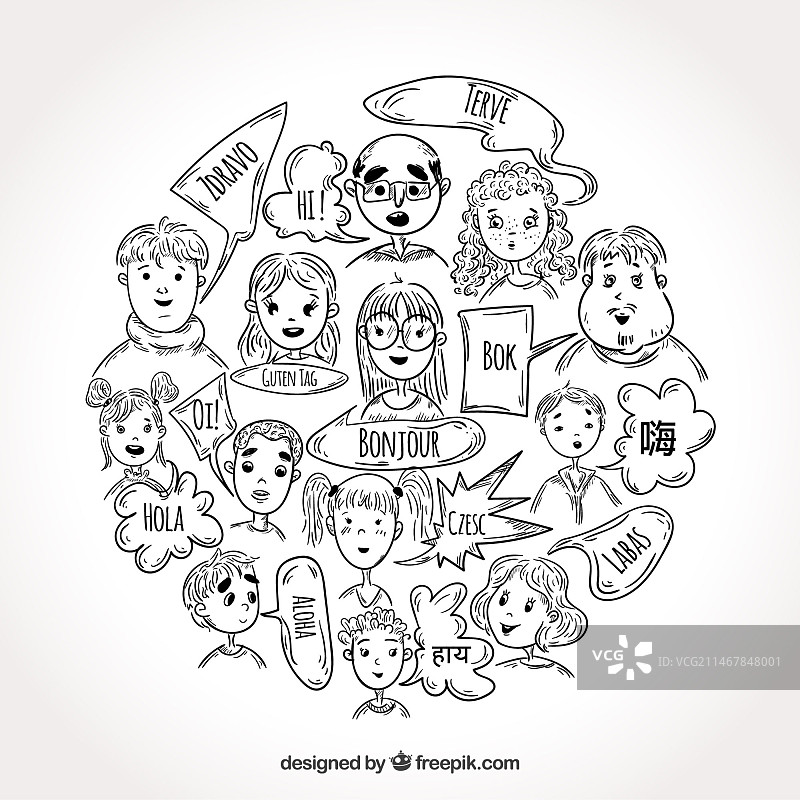 手绘人物使用不同语言的对话气泡图片素材