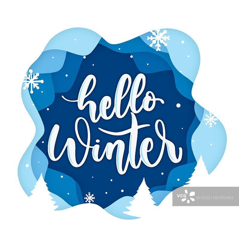 蓝色雪花背景上的冬季你好字样图片素材