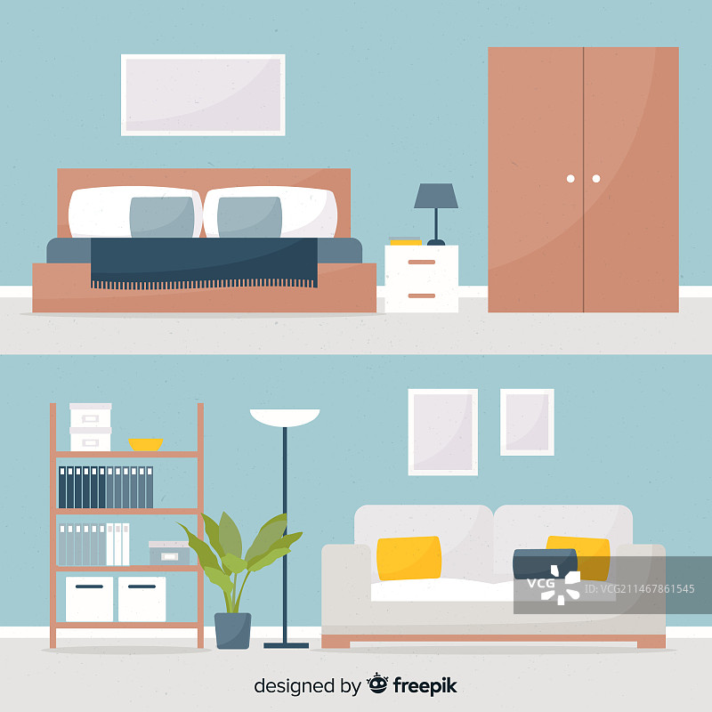 具有扁平设计的现代家居室内装饰图片素材