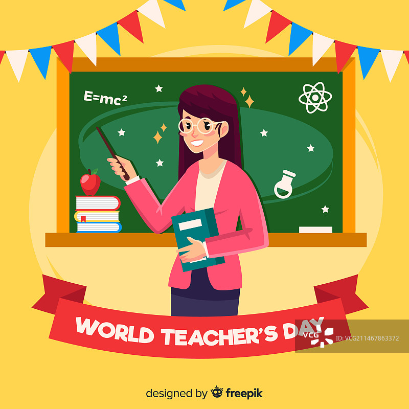 快乐世界教师节背景，有女教师和黑板图片素材