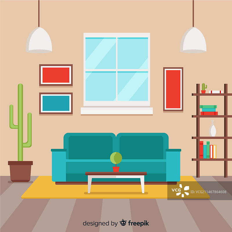 采用扁平风格设计的可爱客厅图片素材
