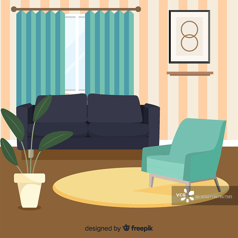 具有扁平风格的优雅客厅内饰图片素材