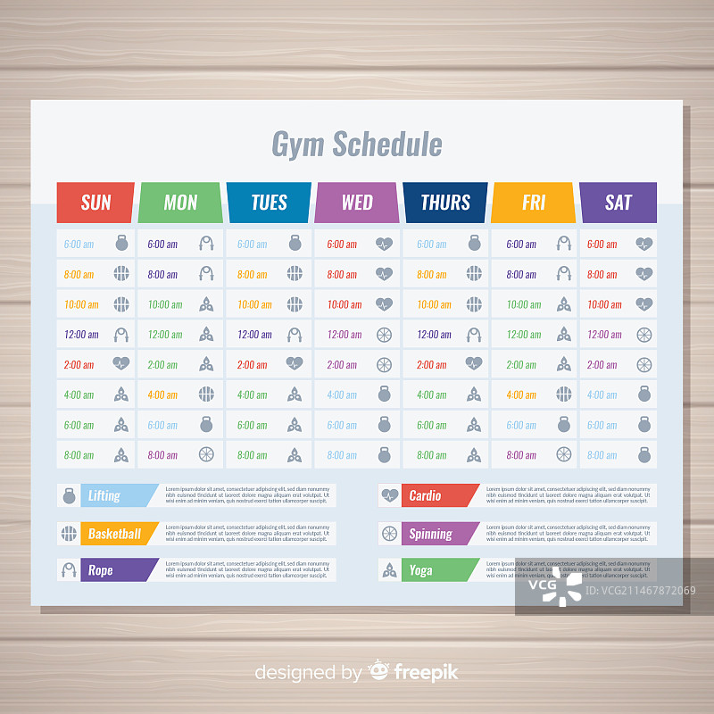 扁平风格的现代健身房时间表模板图片素材