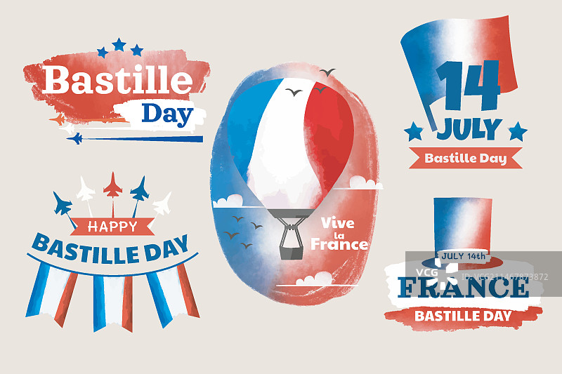 手绘水彩法国巴士底日徽章合集图片素材