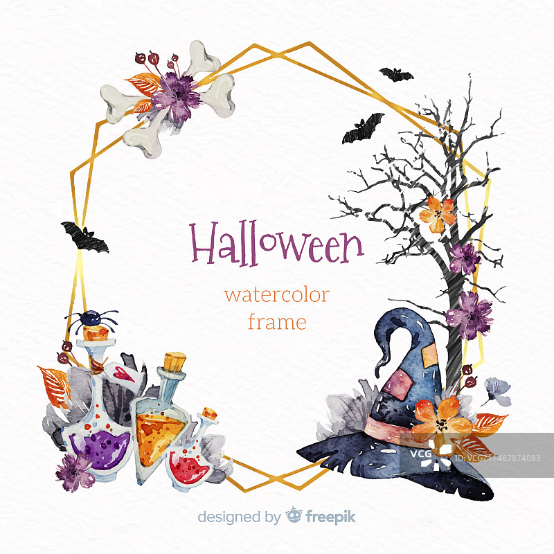 带有水彩万圣节元素的装饰画框图片素材