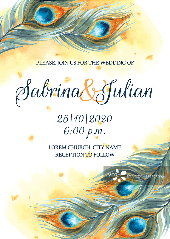 孔雀羽毛婚礼邀请函模板图片素材
