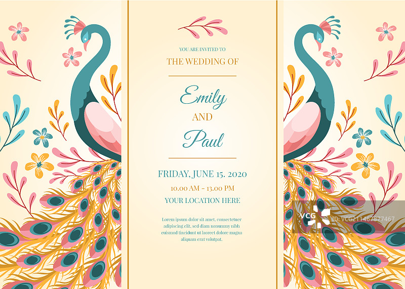 带孔雀的婚礼邀请函模板图片素材