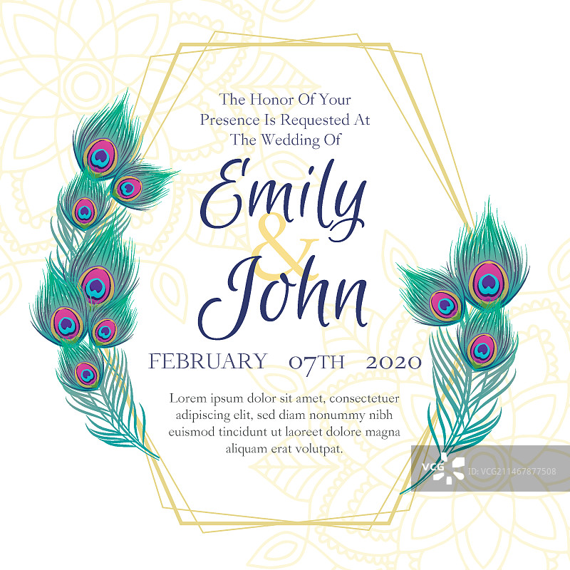 孔雀羽毛婚礼邀请函模板图片素材