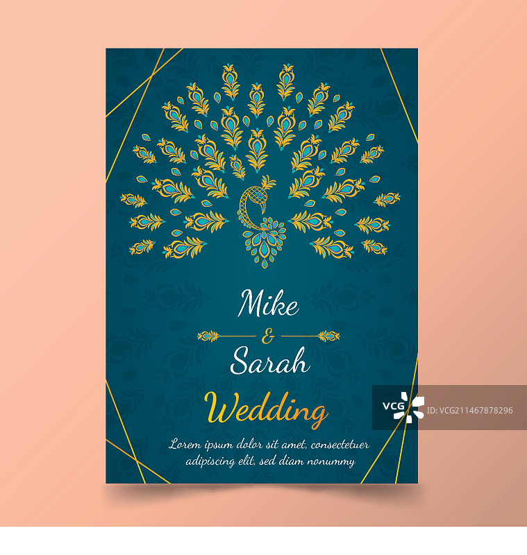 孔雀羽毛婚礼邀请函模板图片素材