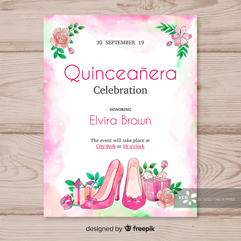 带高跟鞋的西班牙少女15岁生日派对邀请函图片素材