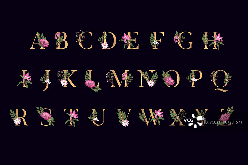 带有优雅花朵的金色字母图片素材