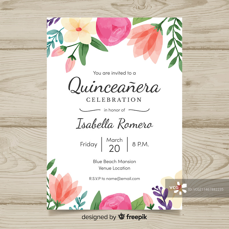 水彩花卉十五岁成人礼卡片模板图片素材