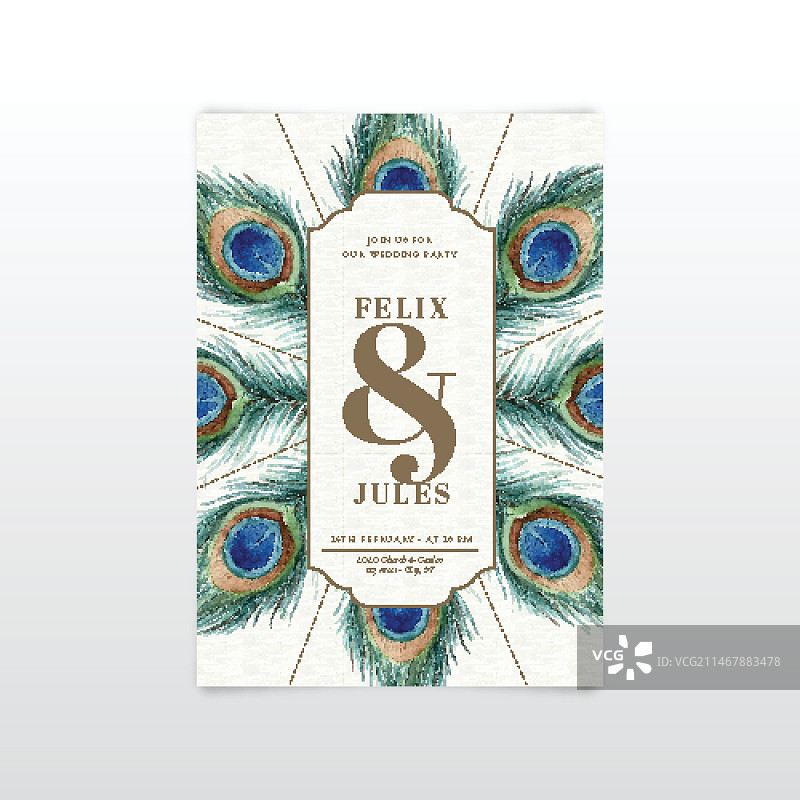 孔雀羽毛婚礼邀请函模板图片素材