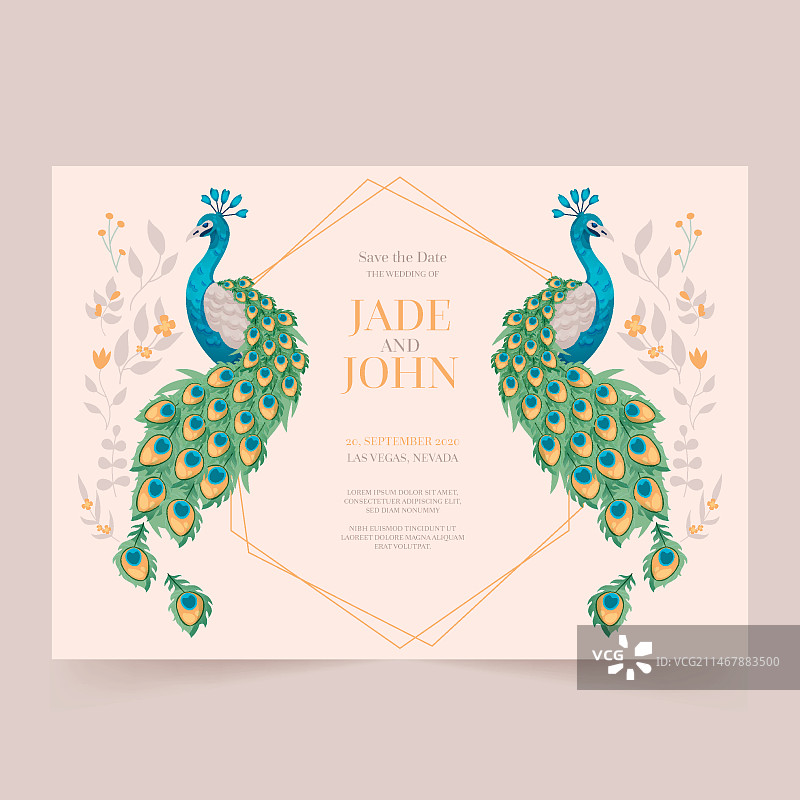 孔雀羽毛婚礼邀请函模板图片素材