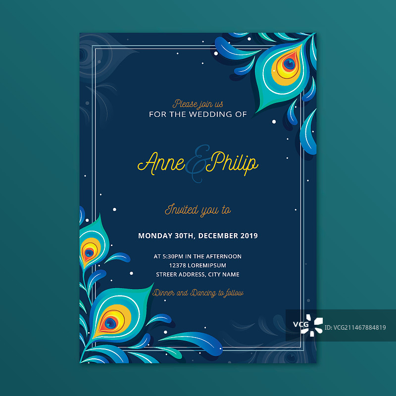 孔雀羽毛婚礼邀请函模板图片素材