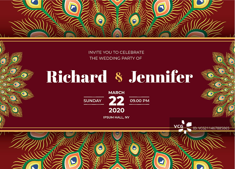 孔雀羽毛婚礼邀请函模板图片素材