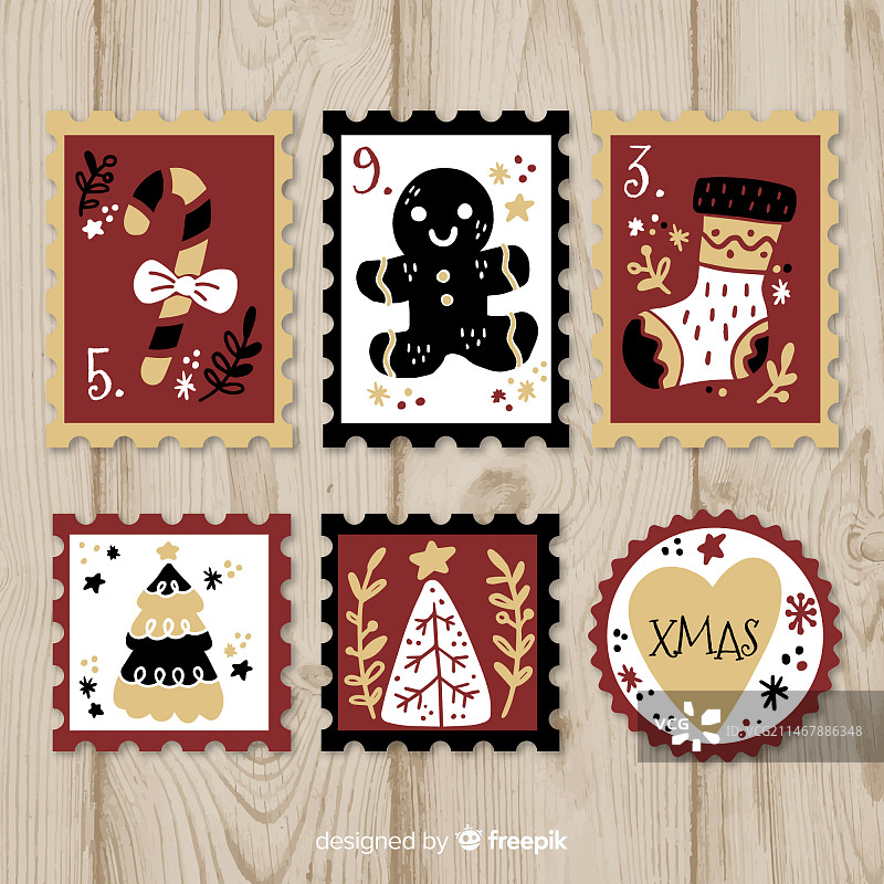 手绘复古圣诞邮票合集图片素材