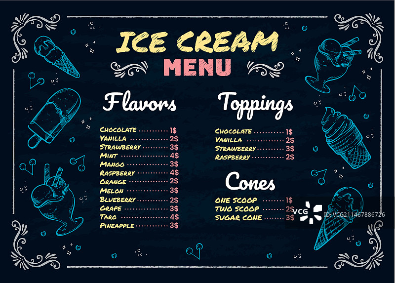 手绘冰淇淋黑板菜单模板图片素材