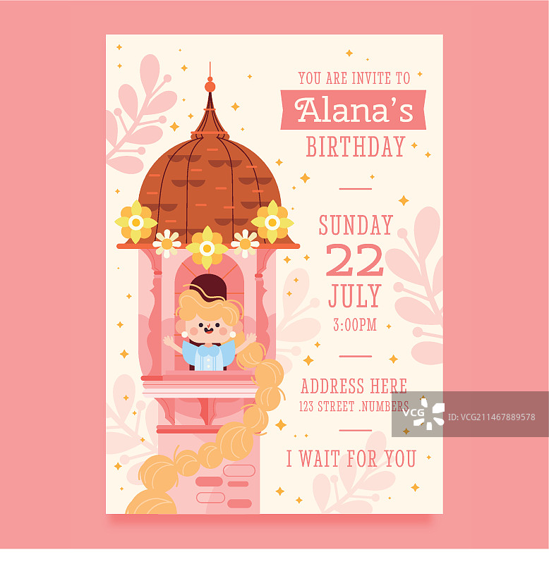 扁平风格长发公主生日邀请函图片素材