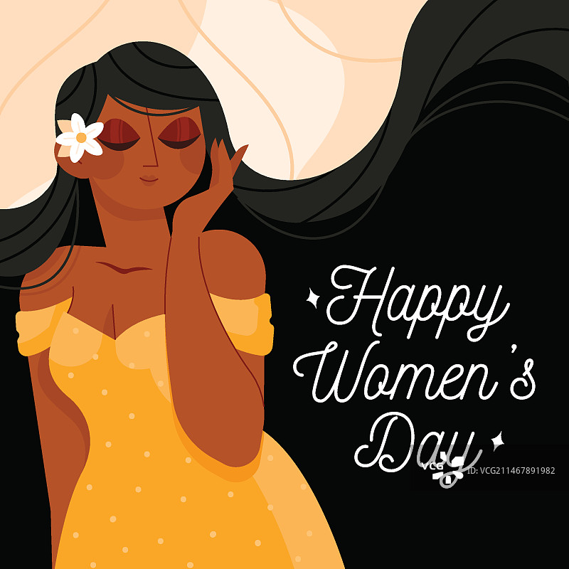 头发戴着鲜花的快乐女性，庆祝妇女节图片素材