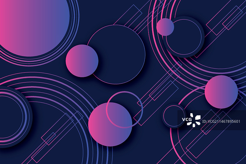 深色背景上的紫色渐变圆点和圆形几何形状图片素材