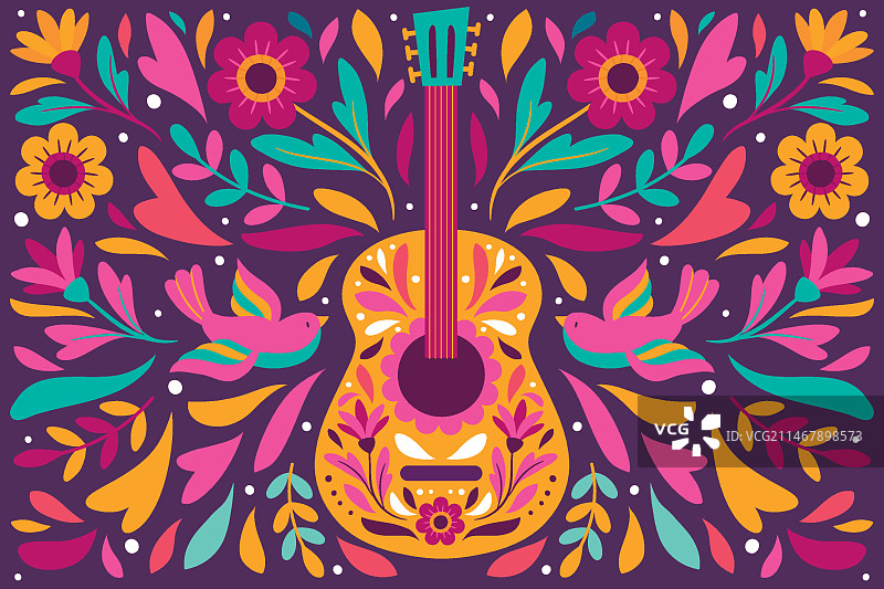 带有吉他的墨西哥彩色背景图片素材