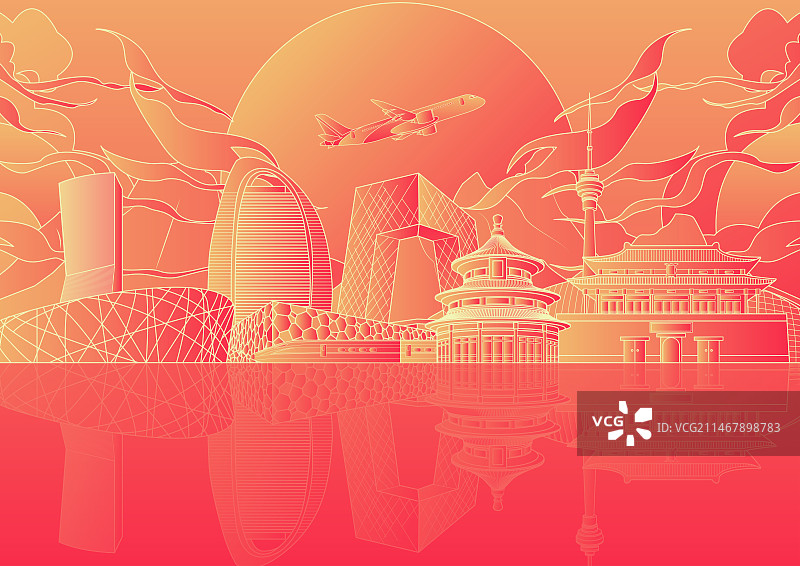 红色国潮风北京地标集合图片素材